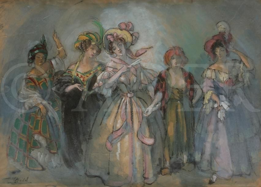 Jules CHADEL (1870-1941)
Au bal, vers 1936
Gouache et fusain.
Signée en bas à gauche.
44 x 61 cm
Exposition : 
Chadel, Clermont-Ferrand, 1936 (étiquette au dos).