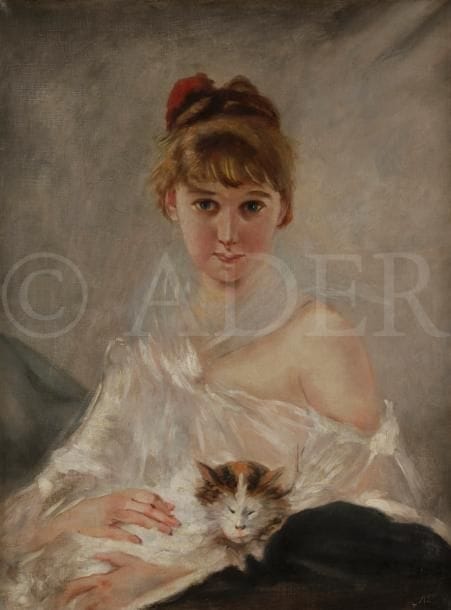 Charles CHAPLIN (1825-1891)
Jeune fille au chat
Huile sur toile.
Signée en bas à droite.
65 x 50 cm