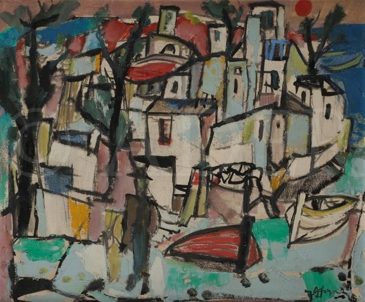 Jean-Claude DRAGOMIR (1931-1965)
Au Port
Huile sur toile.
Signée en bas à droite.
46 x 55 cm