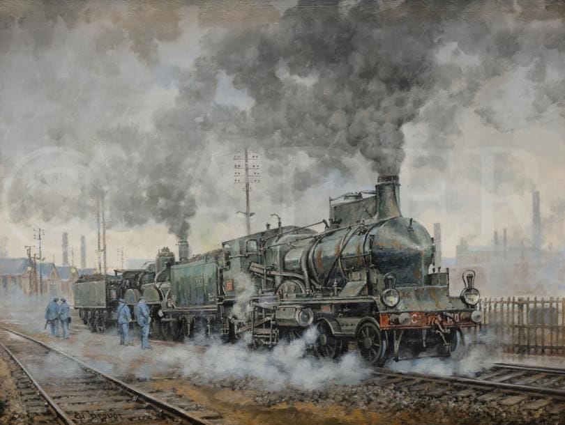 Charles DROUOT (né en 1955)
Locomotive coupe-vent
Huile sur panneau.
Signée en bas à gauche.
Signée et titrée au dos.
30 x 40 cm