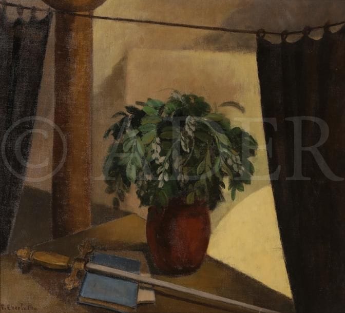 François EBERL (1887-1962)
L’Acacia ou Symboles maçonnique, 1954
Huile sur toile.
Signée et datée en bas à gauche.
(Petites restaurations).
70 x 81 cm

On joint le Bulletin du Centre de Documentation du Grand Orient de France de novembre-décembre 1962 rendant hommage à François Eberl (page 95 et 96).