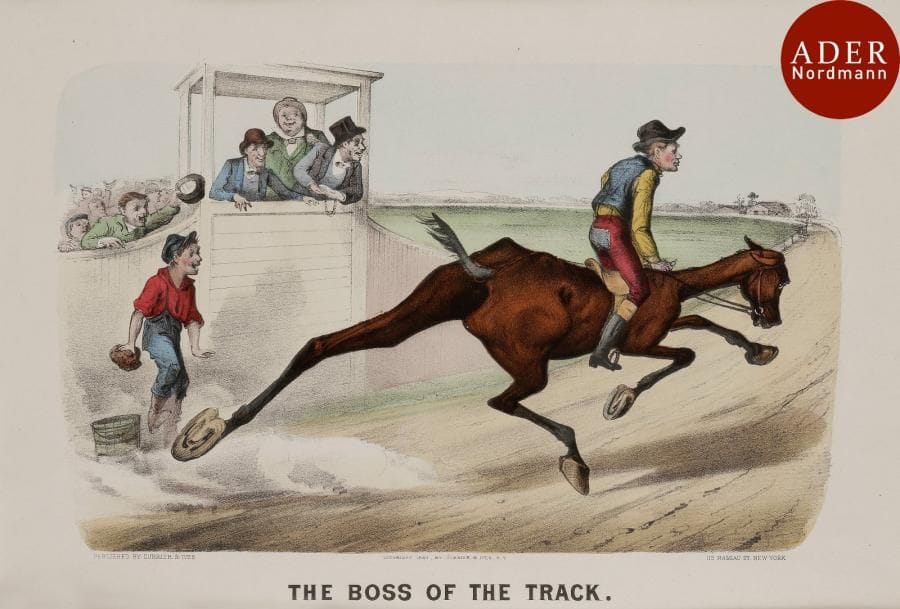 Currier and Ives 
 The Boss of the Track. 1880. Lithographie. 330 x 230. Très belle épreuve sur vélin, en très frais coloris gommé du temps. Toutes marges.