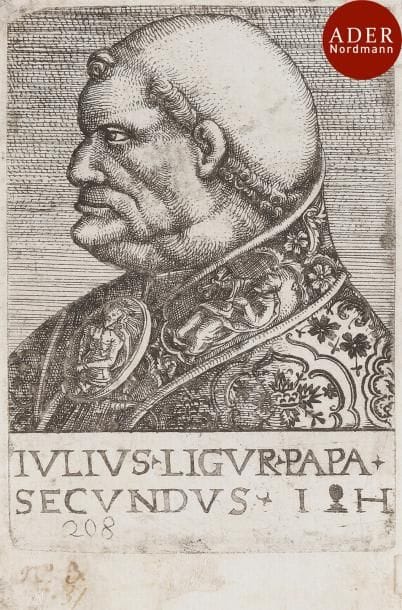 Hieronymus Hopfer (c. 1500- c. 1563)
 Portraits de papes : Sixte IV ; Innocent VIII ; Pie III ; Jules II (vers la droite) ; Jules II (vers la gauche) ; Léon X. (6 pl. d’une suite de 8). Eau-forte. Chaque 70 x 95 env.Bartsch 50, 51, 53, 54, 55 et 56. Belles épreuves collées chacune par le centre au verso sur un feuillet de vélin, avec les numéros (ajouts du marchand Funck au XVIIe s.). Rousseurs, petites inscriptions affaiblies à la plume et à l’encre sépia en pied, petites taches brunes. Petite épidermure en surface à B. 50. Petites marges latérales, bonne marge en pied.