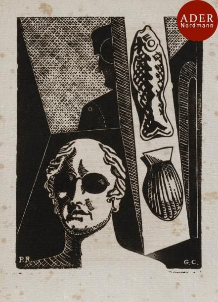 [Guillaume Apollinaire]
 Prestige d’Apollinaire. Galerie Breteau, décembre 1943-janvier 1944. Fascicule in-4 publié à l’occasion de l’exposition organisée en hommage à Apollinaire, contenant des textes sur doubles feuillets de papier chiffon par Mac Orlan, Max Jacob, V. Muselli, Jacques Villon, G. Diehl…, illustré de reproductions et de bois gravés, notamment par Pierre Roy d’après le Portrait-cible de Chirico, et par Le Moal, Manessier, Moisset et Toulouse. Fortes rousseurs éparses. Couverture grise portant le titre lettriste imprimé en rouge, défraîchie. Joint : catalogue de l’exposition sur double feuillet imprimé. 

 La Galerie Breteau participa aux entreprises littéraires et artistiques novatrices de la première moitié du XXe s. et défendit particulièrement Apollinaire : « Le 9 février 1937, René Breteau ouvre une boutique rue des Canettes à Paris où il présente des ouvrages d’artisans. Un soir, rue du Pot-de-Fer, dans l’atelier du sculpteur Étienne-Martin, Lucien Beyer lui présente des camarades du groupe Témoignage (Bertholle, Le Moal, Manessier, Stahly) : au petit matin, la galerie Matières et Formes avait vu le jour. Témoignage y expose en 1938. Bissière, Manessier, Aublet, Henchel, Reichel, Jeanneret et d’autres, parfois considérés comme des Maîtres de demain (1940), sont également accueillis par René Breteau. Discrète pendant l’Occupation – hormis deux expositions remarquées, Présence d’Apollinaire en 1943-1944 et L’Œuvre et la palette en 1944 dont le catalogue fut interdit – la galerie, qui porte désormais rue Bonaparte le nom de son fondateur, joue ensuite un rôle considérable dans la vie artistique parisienne. […] Goetz, Vasarely, Gilioli, Duque, Karskaya, Freundlich, Maryan, Schöffer, Chaissac, Pouget, Dominguez, et aussi Jorn pour sa première exposition à Paris, occupent les cimaises de la galerie. Les vernissages sont des fêtes : les archives de ces années évoquent l’esprit bohème de l’après-guerre et l’exubérance formelle des œuvres produi