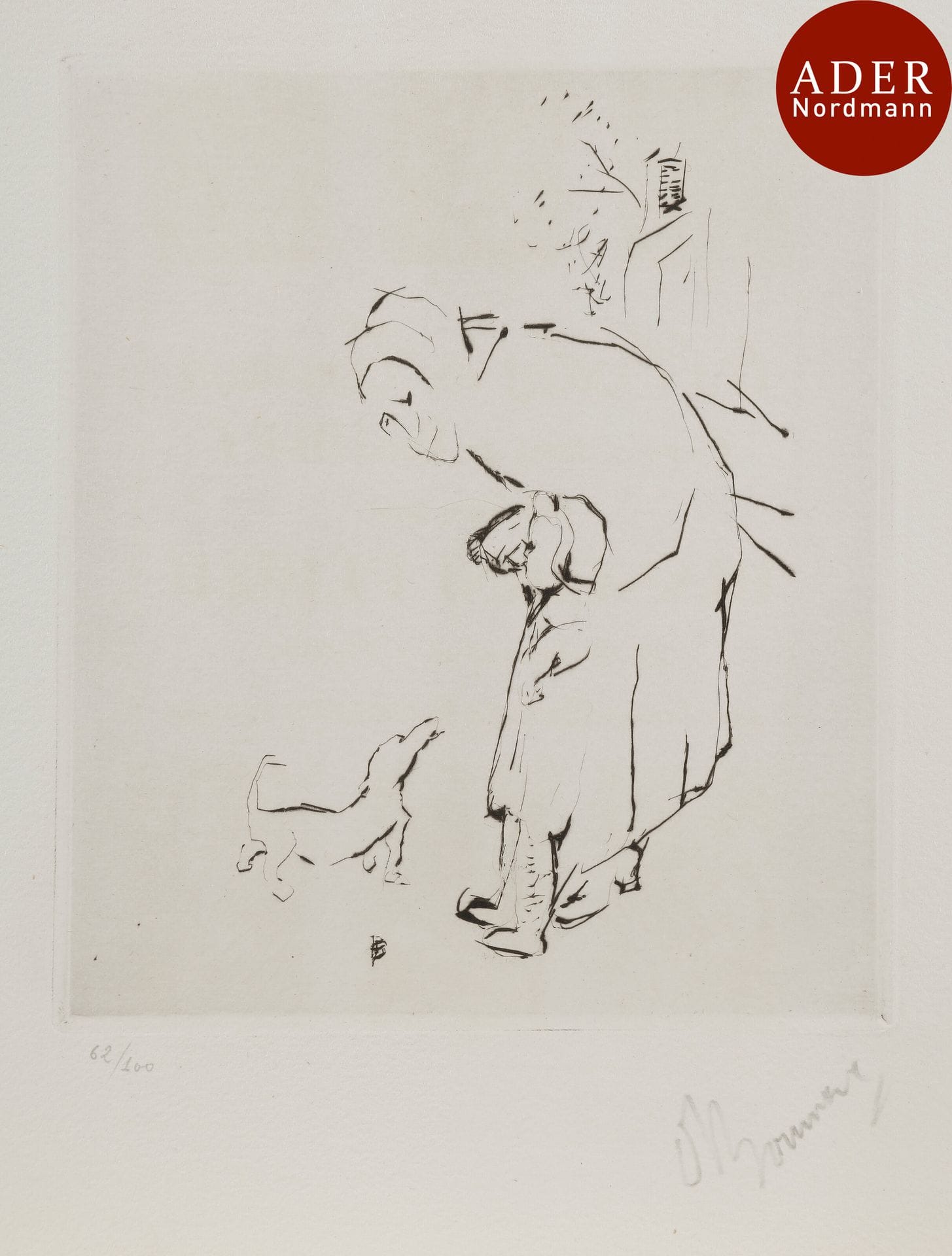 Pierre Bonnard (1867-1947)
 La Vieille femme et le basset. 1927. Pointe sèche. 160 x 190. Bouvet 104. Parfaite épreuve sur vélin fort, numérotée et signée au crayon. Toutes marges. Tirage à 100 épreuves pour L’Art d’aujourd’hui, A. Morancé éditeur.