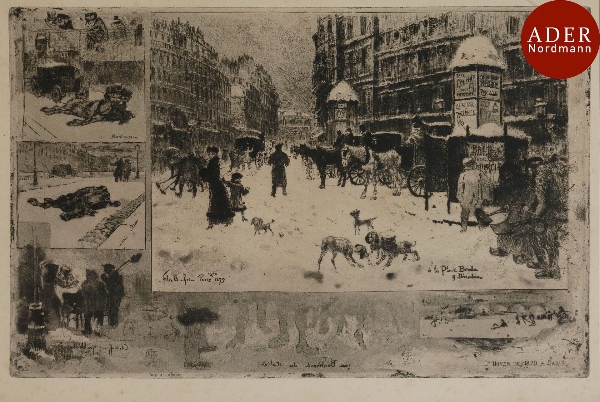 Félix Buhot (1847-1898)
 L’Hiver à Paris ou La Neige à Paris. 1879. Eau-forte, pointe sèche, roulette et aquatinte. 347 x 237. Bourcard, Goodfriend 128. Bonne épreuve sur vergé, oxydée, du tirage de L’Art. Toutes marges. Cadre.