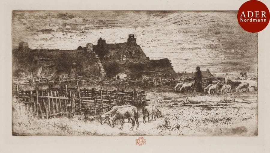 Félix Buhot (1847-1898)
 Les Grandes chaumières. 1881. Eau-forte et pointe sèche. 274 x 140. Bourcard-Goodfriend 150. Très belle épreuve sur vergé mince chamois, du 4e état (sur 5), avant de nouveaux travaux. Petites amincissures inhérentes à la texture du papier. Petit manque au bord du feuillet en pied et courts plis dans les angles gauches. Petites marges. Ex-coll. H.-M. Petiet (Lugt 5031). Joint : Les Bergeries, soleil couchant. 1881. Eau-forte, pointe sèche et aquatinte. 270 x 135. Bourcard-Goodfriend 151. Très belle épreuve sur japon vergé mince, timbrée (Lugt 977). Petite fracture dans l’angle supérieur gauche. Minuscules amincissures ou trous inhérents au papier. Toutes marges. Ex-coll. P.W. van Doorne (Lugt non décrit).