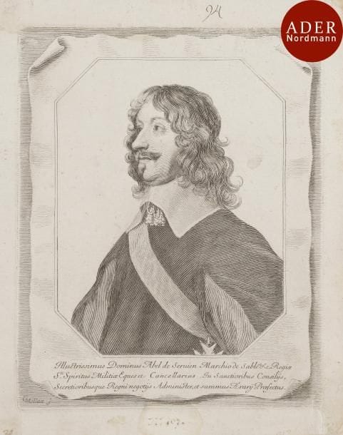 Claude Mellan (1598-1688) 
 Abel Servien de Bois Dauphin, marquis de Sablé. Burin. 190 x 236. Préaud 196. Belle épreuve collée par les angles sur vélin. Inscriptions (chiffres) à la plume et à l’encre sépia et légères auréoles d’humidité dans les petites marges.