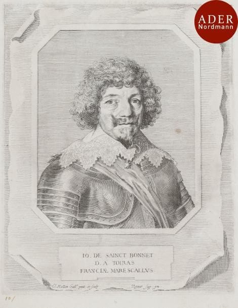Claude Mellan (1598-1688) 
 Jean de Saint-Bonnet, marquis de Toiras. Vers 1630-1636. Burin. 190 x 240. Préaud 199. Belle épreuve collée par les angles sur vélin. Petit arrachement (trou) dans l’angle inférieur gauche. Deux petites taches brunes circulaires. Inscriptions (chiffres) à la plume et à l’encre sépia dans les petites marges.