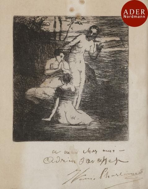 Jean-Louis Charbonnel (1848-1885)
 Trois femmes au bain. Vers 1870-1880. Eau-forte. 95 x 100. Bonne épreuve sur vergé, dédicacée « à mon cher ami / Adrien [Jauffret ?] » et signée à la plume et à l’encre sépia. Rousseurs et taches claires. Marges. Cadre.