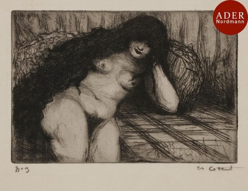 Charles Cottet (1863-1925)
 Femme au lit ; Femme dans la serre ; Femme aux manches écossaises ; Femme nue aux cheveux longs. 1909. Pointe sèche. 168 x 115. Morane 31, 34, 40 et 42. Très belles épreuves tirées en noir bistré ou en noir sur vergé ou sur vélin, signées à la pierre noire ou au crayon, trois numérotées. Toutes marges. Ens. 4 p.