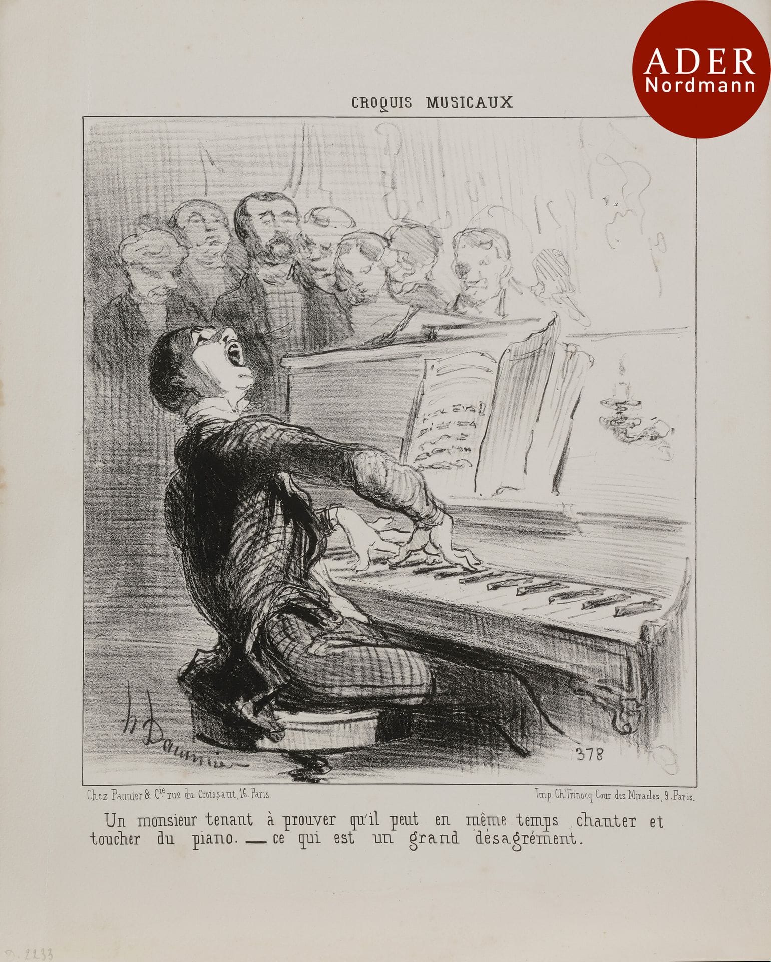 Honoré Daumier (1808-1879)
 Croquis musicaux, pl. 4, 5, 14, 16, 18 (2 pl. portant le même numéro). 1852. Lithographie. 218 x 252 env. Delteil 2232, 2233, 2241, 2242, 2244 et 2245. Belles épreuves sur blanc, une avec fortes rousseurs et rognée en pied à droite. Quelques rousseurs, traces de plis et toutes marges aux autres pl. Ens. 6 p.