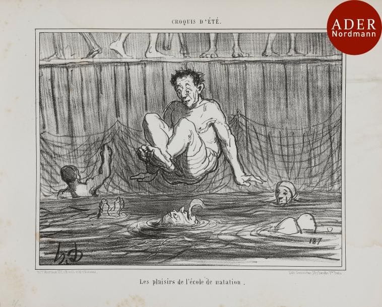 Honoré Daumier (1808-1879)
 Croquis d’été, pl. 1, 2, 6, 7, 14, 15, 18, 19, 20, 24, 25, 26, 38, 39, 40 et 44. 1855-1856. Lithographie. 255 x 200 env. Delteil 2710, 2714, 2843, 2847, 2854, 2855, 2858, 2859, 2862, 2863, 2864, 2867, 2873, 2874, 2875, 2877. Belles épreuves sur blanc, légèrement oxydées. Rousseurs et auréoles claires d’humidité. Petits accidents à certaines pl. Belles marges. Joint : Croquis aquatiques, pl. 1. 1855. Lithographie. 265 x 198. Delteil 2715. Belle épreuve. Ens. 17 p.
