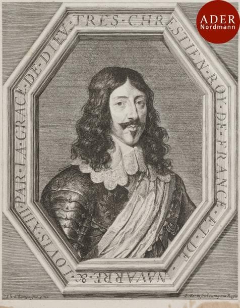 Jean Morin (c. 1605-1660)
 Louis XIII, roi de France. Gravé d’après Ph. de Champaigne. 237 x 303. Robert-Dumesnil 64. Très belle épreuve collée par les angles sur vélin. Fortes taches rousses en pied, pénétrant dans la marge du cuivre. Belles marges.