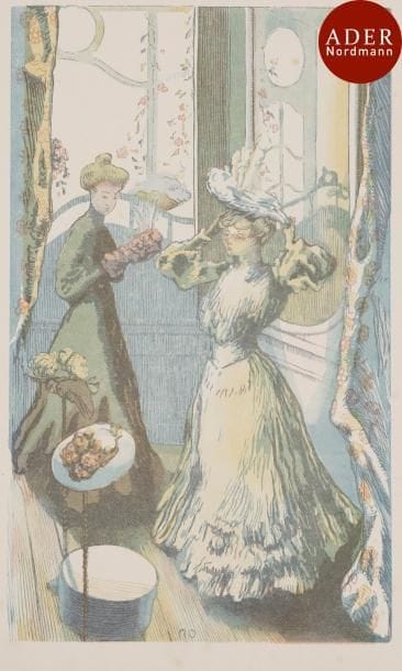 Maurice Delcourt (1877-1916)
 Modiste. Vers 1900. Bois gravé. 213 x 352. I.F.F. 6. Impression en couleurs. Très belle épreuve sur japon ancien, ni numérotée ni signée. Rousseurs claires éparses. Toutes marges. Tirage définitif à 50 épreuves pour L’Estampe nouvelle.