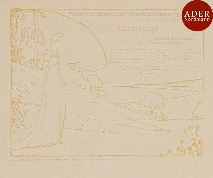 Maurice Dumont (1869-1899)
 Carmosine, comédie en trois actes d’Alfred de Musset. Programme pour le théâtre de l’œuvre. 1895. Glyptographie. 155 x 120. Aitken 73 ; A. et A. Bonafous-Murat, Maurice Dumont et « L’Épreuve », n° 64-II. Impression en orange. Parfaite épreuve sur vélin.