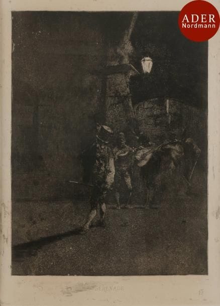 Mariano Fortuny y Carbó (1838-1874)
 Sérénade. Eau-forte et aquatinte. 312 x 394. Très belle épreuve sur vergé, signée à la plume et à l’encre. Ex-coll. A. Beurdeley (Lugt 421). Cadre.