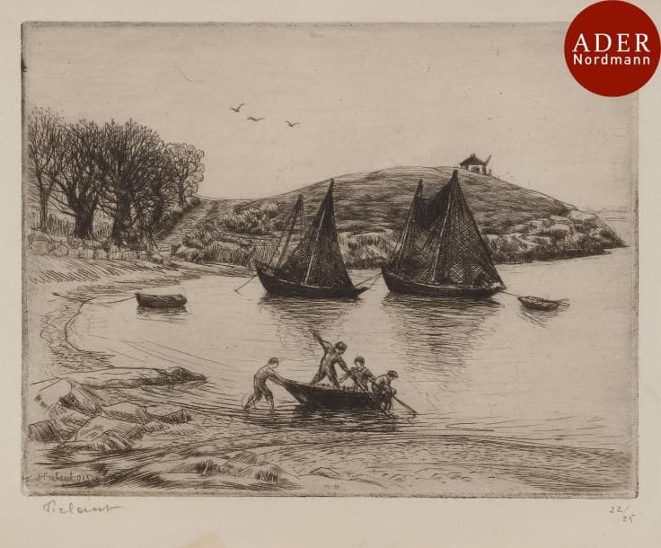Jean Frélaut (1879-1954)
 La Petite baie. 1923. Eau-forte et pointe sèche. 171 x 131. Delteil 227. Très belle épreuve sur vergé ancien, signée et numérotée au crayon. Toutes marges. Tirage à 25 épreuves. Joint : Le Petit port de Séné. 1913. Pointe sèche. 198 x 120. Delteil 133. Très belle épreuve sur vélin, ni signée ni numérotée comme à l’ordinaire. Toutes marges. Ens. 2 p.