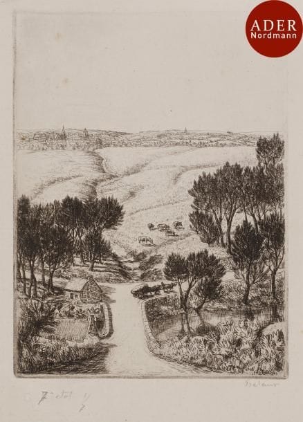 Jean Frélaut (1879-1954)
 Le Pont. 1925 ; Route de la Chênaie. 1927. Eau-forte et pointe sèche. 145 x 195 et 214 x 147. Delteil 252 et 295. Très belles épreuves sur vergé ancien, annotées ou numérotées et signées au crayon. Petit trou en pied à la 1re. Toutes marges. Ens. 2 p.