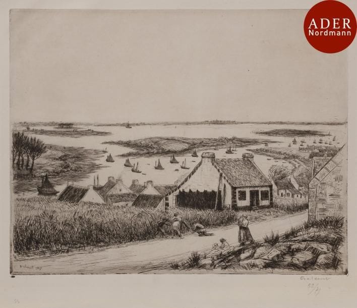 Jean Frélaut (1879-1954)
 Vue de Langle (ou La Baie de Séné, près Vannes). 1927. Pointe sèche. 278 x 219. Delteil 297. Très belle épreuve sur vergé mince, signée et numérotée au crayon. Toutes marges. Tirage à 75 épreuves. Timbre sec : Ed. Sagot éditeur, Paris (Lugt 2254). Joint : Village de Langle. 1922. Eau-forte et pointe sèche. 179 x 119. Delteil 221. Très belle épreuve sur vergé, signée et numérotée au crayon. Trace claire d’oxydation. Court pli dans l’angle inférieur droit. Toutes marges. Tirage à 25 épreuves. Même timbre sec. Ens. 2 p.
