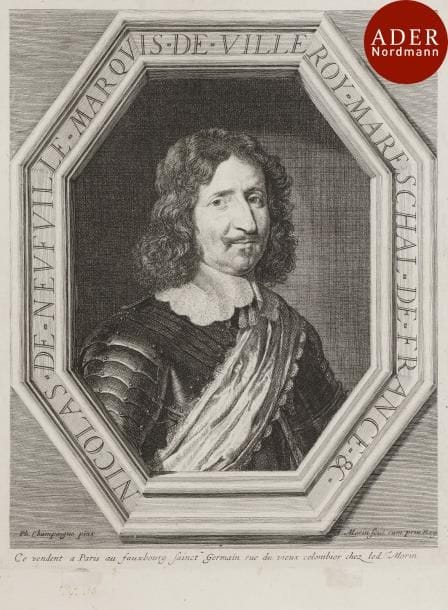 Jean Morin (c. 1605-1660)
 Nicolas de Neufville, marquis de Villeroy. Gravé d’après Ph. de Champaigne. 248 x 310. Robert-Dumesnil 87. Très belle épreuve collée par les angles sur vélin. Petit morceau de papier collé en pied sous le coup de planche, recouvrant une inscription. Autre petite épidermure correspondante. Belles marges.