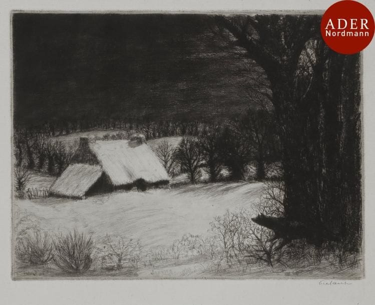 Jean Frélaut (1879-1954)
 Janvier ou Nuit d’hiver ; Février ; Avril. 1932. Eau-forte et pointe sèche. Chaque 197 x 150. Delteil 346, 347 et 349. Très belles épreuves signées au crayon, la 1re sur vergé azuré, annotée « ép. d’essai », les deux autres sur vélin, annotées « ep. d’état ». Toutes marges. Joint : titre de la suite Les Mois de l’année. Pointe sèche. 115 x 160. Delteil 345. Très belle épreuve sur vélin mince, signée au crayon et annotée « ep. d’état ». Infime tache rousse en tête à une pl. Toutes marges. Ens. 4 p.