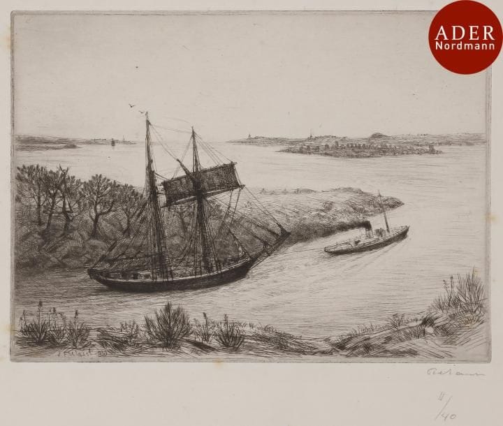 Jean Frélaut (1879-1954)
 Départ d’un voilier ; Retour au port. 1933. Pointe sèche. 178 x 130. Delteil 364 et 365. Très belles épreuves sur vélin et sur vergé, signées et numérotées au crayon. Toutes marges. Tirage à 40 épreuves. Ens. 2 p.