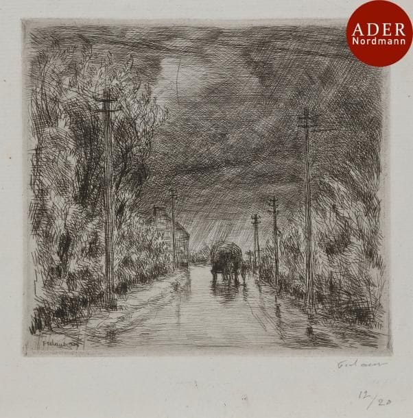 Jean Frélaut (1879-1954)
 Sous la pluie. 1938. Eau-forte. 138 x 126. Très belle épreuve sur vergé ancien azuré, signée et numérotée au crayon. Toutes marges. Tirage à 20 épreuves. Joint : La Passée. 1938. Eau-forte. 255 x 205. Très belle épreuve sur vergé ancien, signée et numérotée au crayon. Toutes marges. Tirage à 40 épreuves. Ens. 2 p.