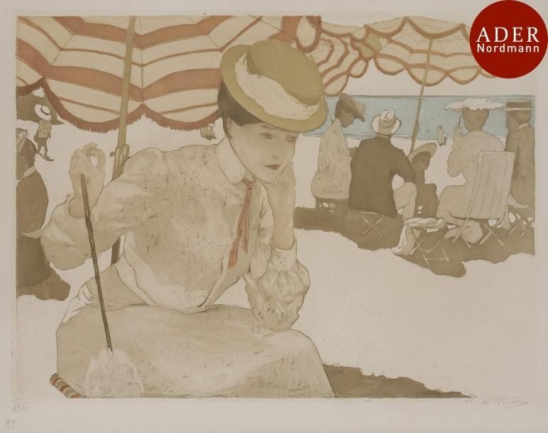 Raoul du Gardier (1871-1952)
 Femme sous le parasol. Vers 1905. Eau-forte et aquatinte. 490 x 390. Impression en couleurs. Très belle épreuve sur vélin, numérotée et signée au crayon. Toutes marges. Tirage à 60 épreuves. Timbre de l’éditeur Ch. Hessèle (Lugt 554). Cadre.