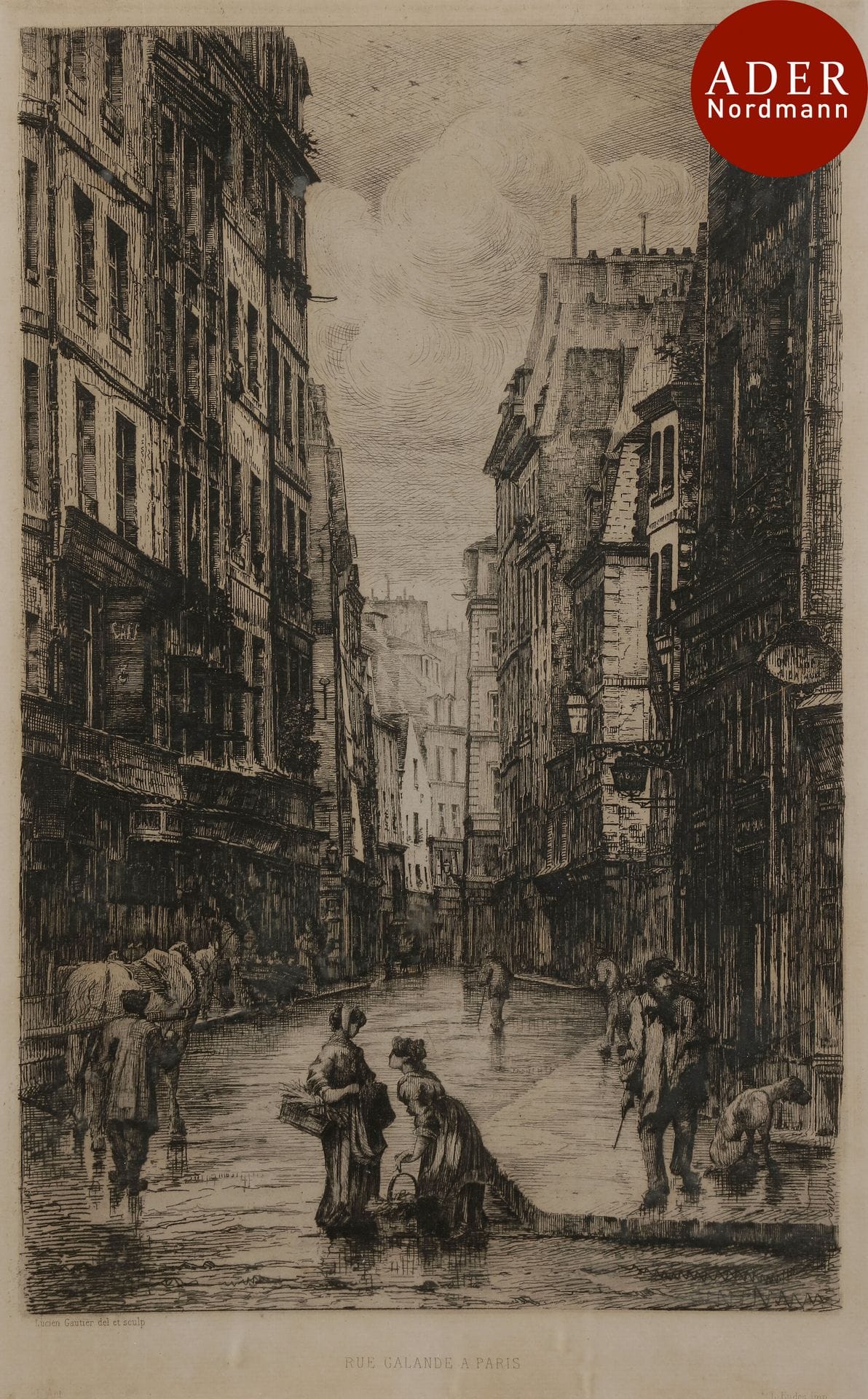 Lucien Gautier (1850-1924)
Rue Galande à Paris. Eau-forte. À vue : 285 x 415. Belle épreuve sur vergé. Légère oxydation et rousseurs claires. Traces de plis verticales. Marges. (Pl. parue dans L’Art). Cadre.