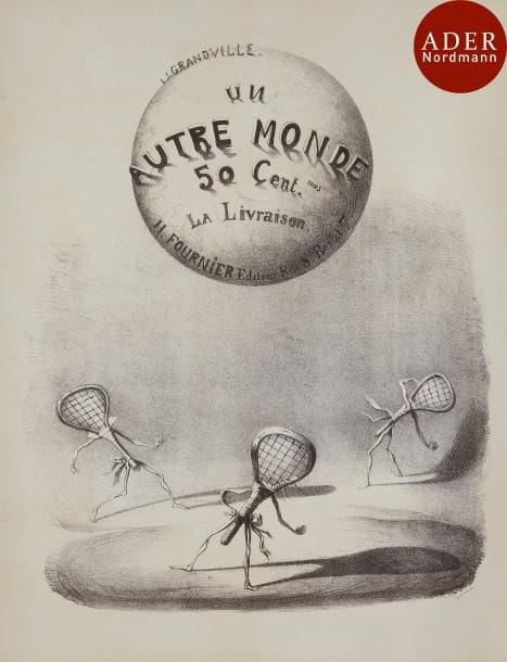 Grandville (Jean-Ignace-Isidore Gérard, dit) (1803-1847)
 Un autre monde. Affiche. 1844. Lithographie. [560 x 740]. Très belle et fraîche épreuve sur vélin mince, doublée sur vélin blanc et entoilée. Toutes marges. 
« Paru en 1844 aux éditions Fournier, Un autre monde est le chef-d’œuvre de Grandville. Le livre a pour sous-titre Transformations, visions, incarnations, ascensions, locomotions, explorations, pérégrinations, excursions, stations, cosmogonies, fantasmagories, rêveries, folâtreries, facéties, lubies, métamorphoses, zoomorphoses, lithomorphoses, métempsycoses, apothéoses et autres choses. Avec ses transformations, ses inventions et ses fantasmagories, l’ouvrage se veut le reflet d’une époque en pleine mutation. Un autre monde raconte et illustre les voyages extraordinaires de trois néo-dieux, Puff, Krackq et Hahblle. Il emmène le lecteur sur une étrange planète, au gré de l’imagination de l’artiste. C’est bien un voyage philosophique que nous propose Grandville [...] Le lecteur, conduit sur une étrange planète imaginée par l’artiste, est convié, tel Gulliver au pays de Laputa, à un parcours parodique de ses idéaux philosophiques, scientifiques, économiques et religieux, de ses engouements, inventions et préoccupations : le romantisme, le machinisme, le socialisme, l’argent, le feuilleton, la réclame, l’anglomanie, la philanthropie, la phrénologie, etc. » (Annie Renonciat, La Vie et l’œuvre de Grandville, Paris, ACR-Vilo, 1985).