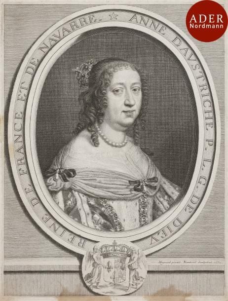 Robert Nanteuil (1623-1678)
 Anne d’Autriche. 1660. Gravé d’après Mignard. 242 x 320. Petitjean et Wickert 4. Belle épreuve du 2e état (sur 6), avant le trait échappé au-dessus de l’étoile et avant le chiffre 3 et le nombre 15, collée par les angles sur vélin. Fortes taches rousses en pied du sujet et au bord gauche. Marges étroites. Très rare selon Petitjean et Wickert.