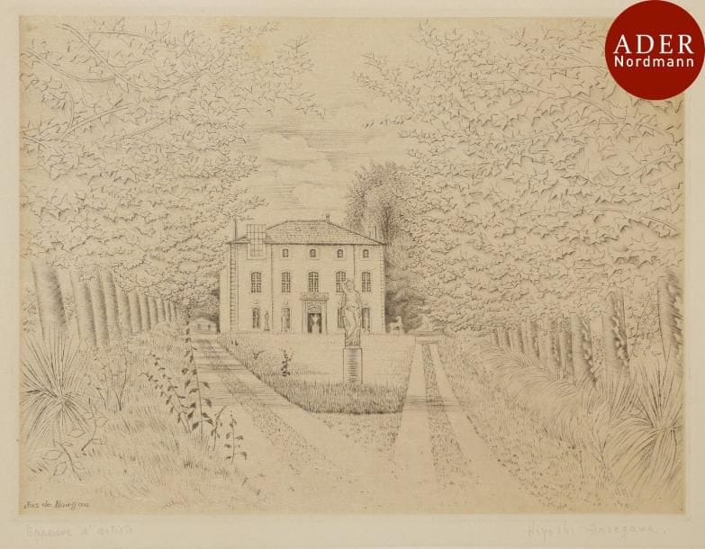 Kiyoshi Hasegawa (1891-1980)
 Le Jas de Bouffan (maison de Paul Cézanne). 1940. Pointe sèche. 295 x 218. Reifu Syobo 258. Très belle épreuve sur vélin, annotée « Epreuve d’artiste » et signée au crayon. Trace claire d’oxydation à l’ouverture d’un ancien montage. Infimes rousseurs. Toutes marges. Tirage à 41 épreuves.