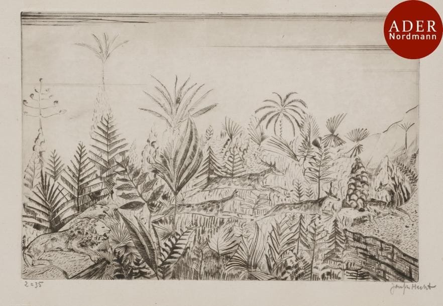 Joseph Hecht (1891-1951)
 Fauves et biches. Vers 1924-1926. Burin. 296 x 202. Plumart, Tonneau-R. 108. Très belle épreuve sur vergé crème, numérotée et signée au crayon. Un fin pli de tirage dans la marge gauche, pénétrant légèrement dans le sujet. Toutes marges. Tirage à 35 épreuves. Timbre sec : Jacquart éditeur Paris (Lugt non décrit).