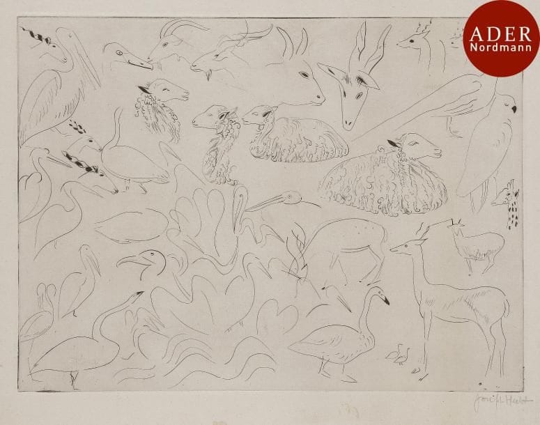 Joseph Hecht (1891-1951)
 Croquis. Pl. pour l’album L’Arche de Noé. 1926. Burin. 354 x 258. Plumart, Tonneau-R. 139. Très belle épreuve sur vergé, signée au crayon puis titrée en pied à gauche. Menues salissures, empoussiérage et traces de plis. Toutes marges. Tirage à 90 épreuves.