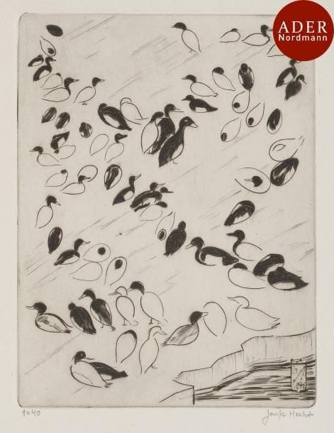 Joseph Hecht (1891-1951)
 Grèbes. 1947. Burin. 148 x 196. Plumart, Tonneau-R. 353. Parfaite épreuve sur vergé, numérotée et signée au crayon. Toutes marges. Tirage annoncé à 40 épreuves (sans doute jamais mené à bien).