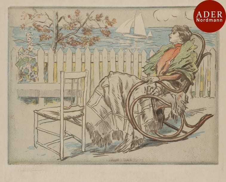 Pierre-Georges Jeanniot (1848-1934)
 Femme au rocking-chair. 1900. Eau-forte. 395 x 296. Impression en couleurs. Très belle épreuve sur japon fort, signée au crayon. Restes de colle aux bords du feuillet au verso. Léger empoussiérage. Toutes marges.