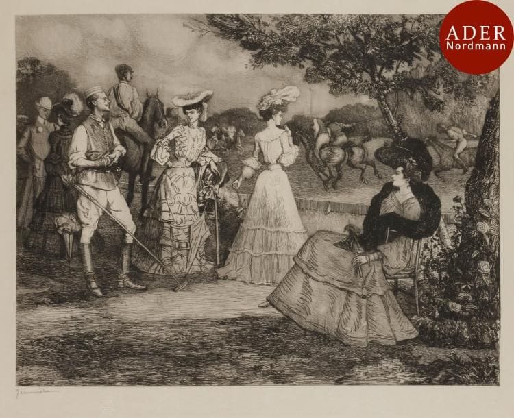 Pierre-Georges Jeanniot (1848-1934)
 Spectateurs au polo. 1905. Eau-forte et pointe sèche. 470 x 380. I.F.F. 52. Très belle épreuve sur simili-japon, nominative, signée au crayon. Toutes marges. Timbre sec : Société des Amis de l’Eau-Forte (Lugt 113).