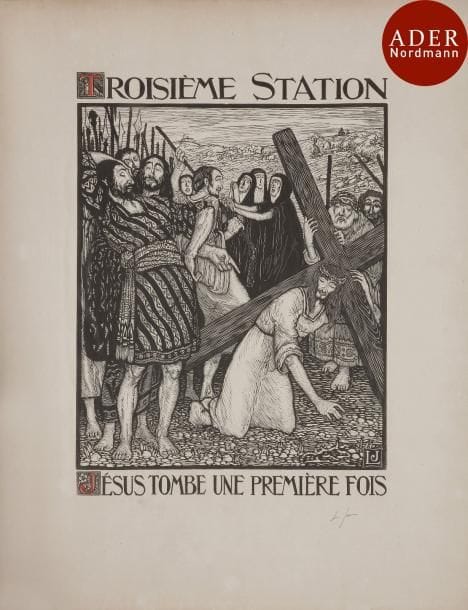 Louis Jou (1882-1968)
 Le Chemin de la Croix. 1915-1916. Bois gravé. [455 x 585]. I.F.F. 18. Suite complète de 15 planches montées sur onglets sous passe-partout (sans le portefeuille de l’édition). Belles épreuves sur vélin mince, certaines signées au crayon, la 1re dédicacée « à mon ami André Suarès / Bien affect. L. Jou / 1922 ». Les feuillets oxydés. Quelques traces de plis. Toutes marges.