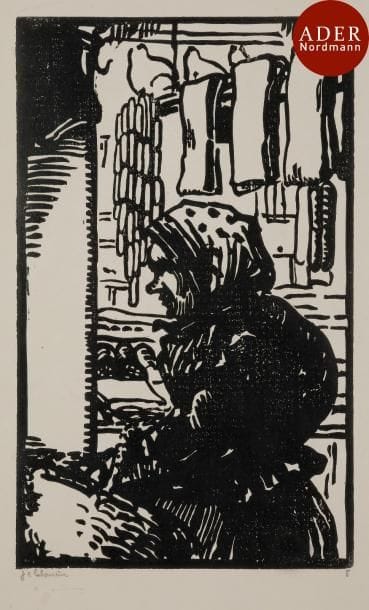 Jean-Émile Laboureur (1877-1943)
 Vieille femme au marché. 1906. Bois gravé. 163 x 253. Laboureur 623. Très belle épreuve tirée en noir sur vélin crème, signée et numérotée au crayon. Rare. Tirage total à 19 épreuves. Ex-coll. JPLL. Joint : L’Heureux mendiant (Londres). 1909. Eau-forte. 180 x 130. Laboureur 91. Très belle épreuve sur vergé crème, du 1er état (sur 2), avant les tailles sur le manteau de la femme, signée au crayon et justifiée « 2/1er Etat », puis annotée en pied. Quelques rousseurs claires et courte déchirure au bord gauche. Tirage total à 21 épreuves. Même timbre. Ens. 2 p.