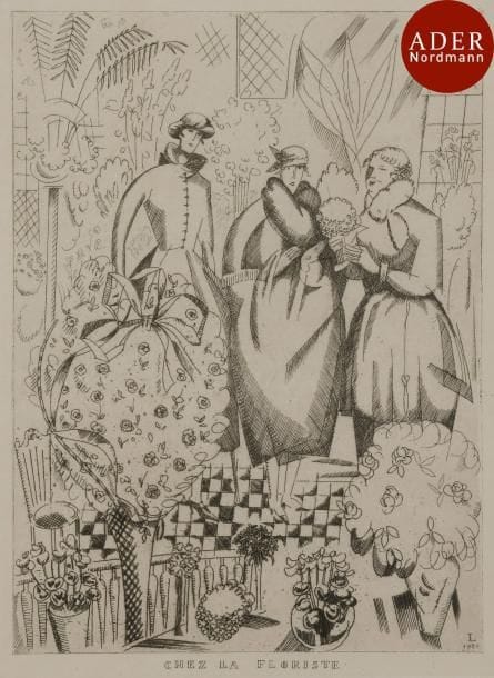 Jean-Émile Laboureur (1877-1943)
 Chez la floriste [sic]. 1919-1920. Eau-forte. 150 x 196. Laboureur 192. Très belle épreuve sur vélin, du tirage à nombre pour Feuillets d’art, revêtue d’un numéro au crayon. Marges. Cadre.