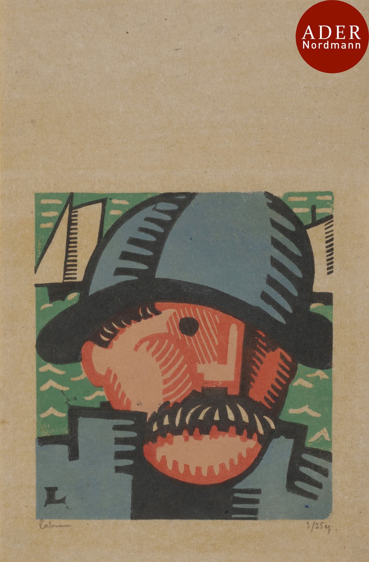 Jean-Émile Laboureur (1877-1943)
 Vieux pêcheur. 1923. Bois gravé. 113 x 124. Laboureur 741. Impression en couleurs. Très belle épreuve sur japon, signée et numérotée au crayon, d’ancien tirage, titrée au verso « L’Ouvrier du port ». Menues rousseurs. Toutes marges. Rare. Tirage total à 27 épreuves (dont seulement 5 tirées en 1923, avant le retirage de 1989).