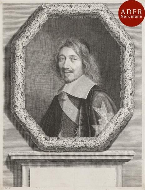 Robert Nanteuil (1623-1678)
 Le Chancelier Michel Le Tellier. 1661. Burin. 271 x 358. Petitjean et Wickert 113. Très belle épreuve du 1er état (sur 2), avant remplacement de la bordure octogone par une bordure ovale, collée par les angles sur vélin. Plusieurs fines traces filiformes en travers du visage et de l’habit. Petite oxydation de la colle dans les angles. Quelques rousseurs claires éparses. Inscriptions à la plume et à l’encre sépia (prix) sous le sujet. Marges étroites.