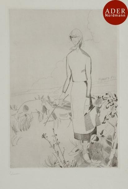 Jean-Émile Laboureur (1877-1943)
 La Grande bergère. 1926. Burin. 170 x 245. Laboureur 323. Très belle et rare épreuve sur vergé mince azuré, l’une des 8 du 1er état (sur 2), avant les rayures sur le corsage et avant le monogramme, signée au crayon. Toutes marges. Tirage total à 93 épreuves.