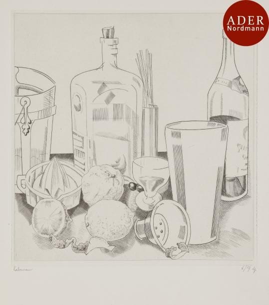 Jean-Émile Laboureur (1877-1943)
 Cocktails. 1931. Burin. 191 x 200. Laboureur 438. Très belle épreuve sur vélin, l’une des 7 du 2e état (sur 3), avant les figures et le monogramme, signée et numérotée au crayon. Toutes marges. Tirage définitif à 74 épreuves. Joint : Les Fraises. 1924. Burin. 160 x 200. Laboureur 286. Très belle épreuve sur vergé ancien azuré, non signée. Tirage à 92 épreuves. Ens. 2 p. 