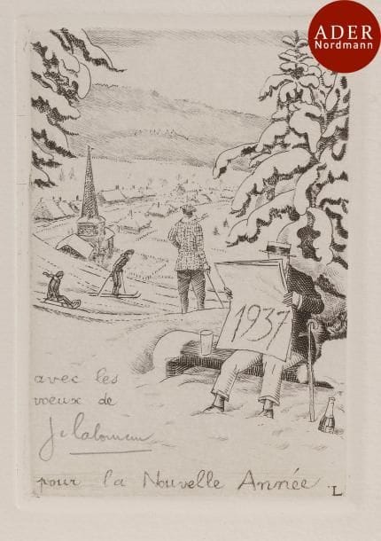 Jean-Émile Laboureur (1877-1943)
 Les Nouveaux timbres. 1934 ; Sports d’hiver. 1936. (Cartes de vœux). Eau-forte. 93 x 111 et 75 x 106. Laboureur 497 et 522. Très belles épreuves sur vélin fort, portant le paraphe de l’artiste au crayon. La 1re légèrement oxydée, la 2e avec minuscule tache rousse dans la marge supérieure. Toutes marges. Ens. 2 p.