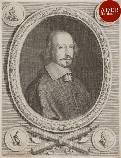 Robert Nanteuil (1623-1678)
 Le Cardinal Mazarin. 1658. Burin. 250 x 327. Petitjean et Wickert 160. Belle épreuve de l’état définitif avec la nouvelle bordure et les médaillons aux vertus dans les quatre angles, collée par les angles sur vélin. Petites auréoles d’humidité et traces de colle dans le sujet aux angles. Marges étroites.