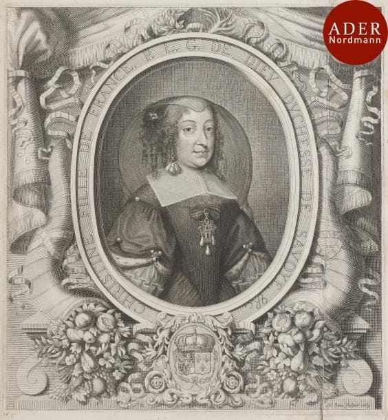 Nicolas Pitau (1631-1671)
 Christine, fille de France (…) duchesse de Savoye. 1663. Burin. 370 x 392. Le Blanc 58. Belle épreuve doublée sur vergé mince. Pli vertical médian au tiers droit du feuillet, fendu en pied sur 9 cm. Rousseurs claires éparses. Petite inscription à la plume et à l’encre sépia en pied à gauche. Bonnes marges.