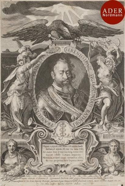 Aegidius (ou Gilles) Sadeler (c. 1570-1629) 
 Portrait de Sigismund Bathori, prince de Transylvanie. 1607. Burin. 217 x 324. Hollstein 274. Belle épreuve collée par les angles sur vélin. Plusieurs petites taches rousses. Petits manques dans la marge inférieure. Fins plis de tirage horizontaux. Filets de marges.