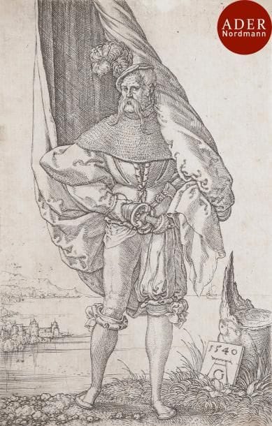 Heinrich Aldegrever (1502-1555)
 L’Enseigne. 1540. Burin. 76 x 120. Bartsch, Hollstein 177. Très belle épreuve irrégulièrement rognée au sujet, soigneusement lavée. Petite épidermure dans l’angle supérieur gauche au verso.